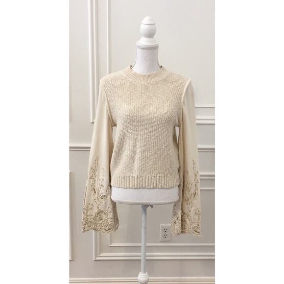 Anthropologie Textured Eyelet Twofer Sweater Vest Top Embroidered Beige Sz M - Picture 5 of 16